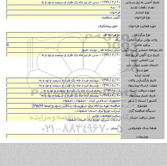 مناقصه بهره برداری برق شهرستان  شاهین شهر و میمه ۱۷۹۵/۹۹