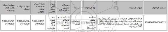 مناقصه عمومی همزمان با ارزیابی (فشرده) یک مرحله ای خرید، بارگیری، حمل و باراندازی لوله پلی اتیلن تک جداره آبرسانی سایزهای 63 الی 500 میلیمتری