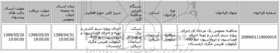 مناقصه عمومی یک مرحله ای اجرای پروژه سیم کشی و تهیه اجرای فونداسیون و ایزولاسیون خط 400 کیلوولت هریس مگری ارمنستان
