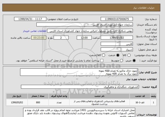 استعلام آزمون خاک ماکرو به تعداد 400 نمونه
آزمون برگ به تعداد 400 نمونه