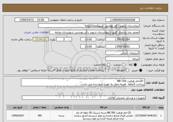 استعلام  CDخام ظرفیت 700 MB
پرداخت 5ماهه  هزینه حمل به عهده فروشنده می باشد. 