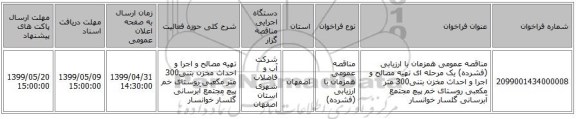 مناقصه عمومی همزمان با ارزیابی (فشرده) یک مرحله ای تهیه مصالح و اجرا و احداث مخزن بتنی300 متر مکعبی روستای خم پیچ مجتمع آبرسانی گلسار خوانسار