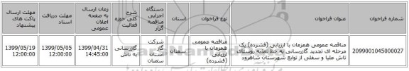 مناقصه عمومی همزمان با ارزیابی (فشرده) یک مرحله ای تجدید گازرسانی به خط تغذیه روستای تاش علیا و سفلی از توابع شهرستان شاهرود 