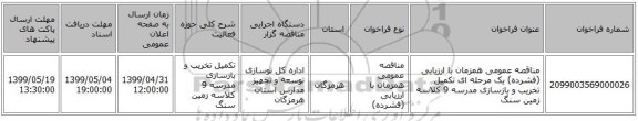 مناقصه عمومی همزمان با ارزیابی (فشرده) یک مرحله ای تکمیل تخریب و بازسازی مدرسه 9 کلاسه زمین سنگ