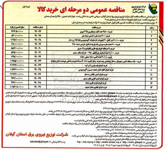 مناقصه عمومی , مناقصه خرید 35000 عدد کلید مینیاتوری 25 آمپری و...