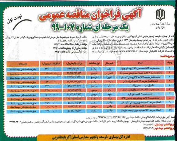 آگهی فراخوان مناقصه , مناقصه حداث مدرسه 2 کلاسه صنعتی LSF  و ...