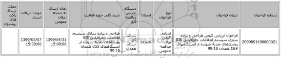 فراخوان ارزیابی کیفی طراحی و پیاده سازی سیستم اطلاعات جغرافیایی GIS روستاهای تغذیه شونده از ایستگاههای CGS همدان 10-99