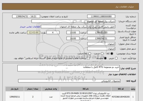 استعلام خرید دو مجموعه RTU کامل با متعلقات
