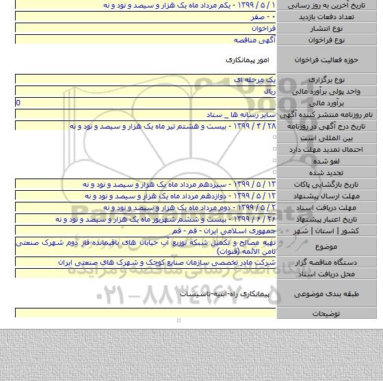 تهیه مصالح و تکمیل شبکه توزیع آب خیابان های باقیمانده فاز دوم شهرک صنعتی ثامن الائمه (قنوات)
