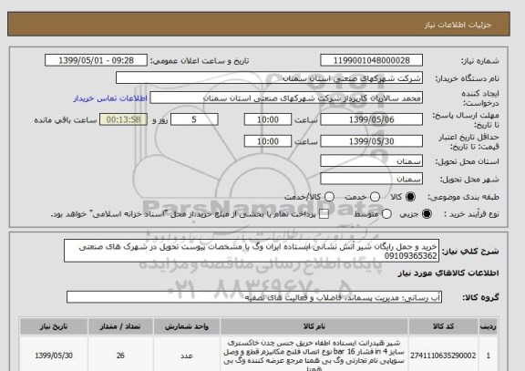 استعلام خرید و حمل رایگان شیر آتش نشانی ایستاده ایران وگ با مشخصات پیوست تحویل در شهرک های صنعتی 09109365362