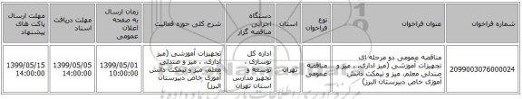 مناقصه عمومی دو مرحله ای تجهیزات آموزشی (میز اداری، ، میز و صندلی معلم، میز و نیمکت دانش آموزی خاص دبیرستان البرز)