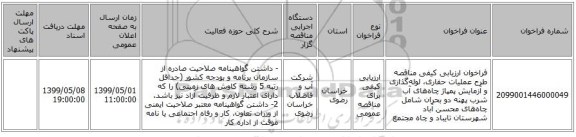 فراخوان ارزیابی کیفی مناقصه طرح عملیات حفاری، لوله‌گذاری و آزمایش پمپاژ چاه‌های آب شرب پهنه دو بحران شامل چاه‌های محسن آباد شهرستان تایباد و چاه مجتمع 