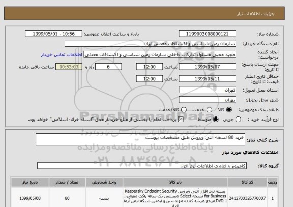 استعلام خرید 80 نسخه آنتی ویروس طبق مشخصات پیوست