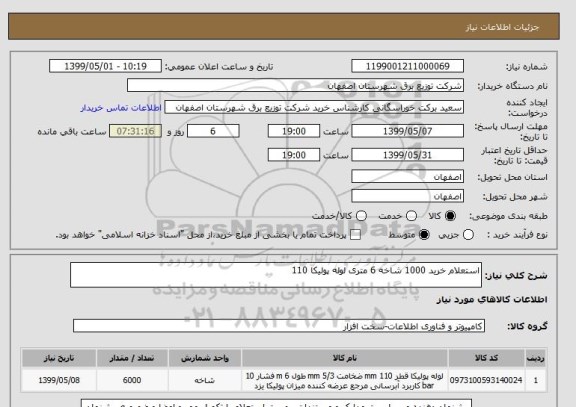 استعلام استعلام خرید 1000 شاخه 6 متری لوله پولیکا 110
