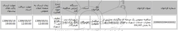 مناقصه عمومی یک مرحله ای واگذاری بخشی از عملیات خدمات شهری و فضای سبزسطح شهر به بخش ow,wd