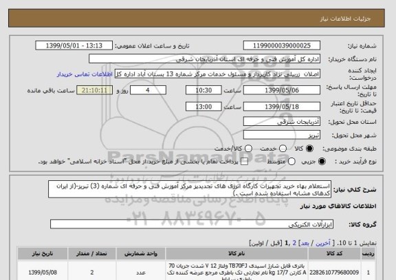 استعلام استعلام بهاء خرید تجهیزات کارگاه انرژی های تجدیدپز مرکز آموزش فنی و حرفه ای شماره (3) تبریز-(از ایران کدهای مشابه استفاده شده است .)