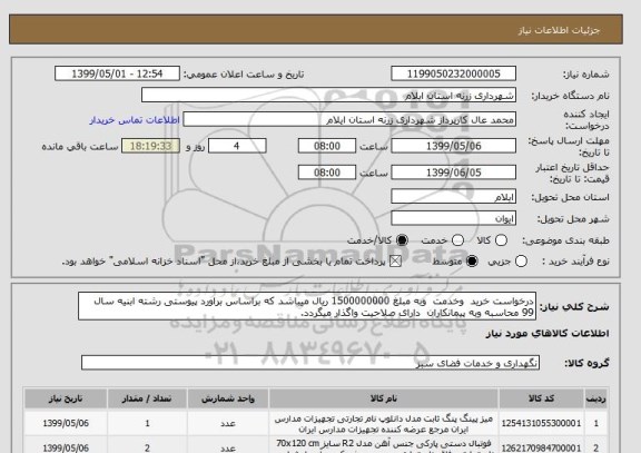 استعلام درخواست خرید  وخدمت  وبه مبلغ 1500000000 ریال میباشد که براساس براورد پیوستی رشته ابنیه سال 99 محاسبه وبه پیمانکاران  دارای صلاحیت واگذار میگردد.