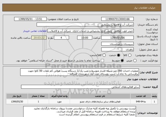 استعلام عملیات احداث 280 متر شبکه فشار متوسط و نصب یک/1 دستگاه پست هوائی کم تلفات 50 کاوا جهت برقرسانی به چاه آب شرب روستای چوت آباد شهرستان قصرقند 