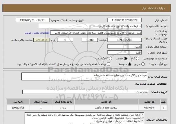 استعلام مرمت و ریگلاژ جاده بین مزارع منطقه شهرمیان