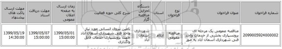 مناقصه عمومی یک مرحله ای برونسپاری بخشی از خدمات واحد فنی شهرداری آسمان آباد به صور