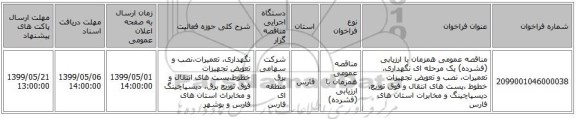 مناقصه عمومی همزمان با ارزیابی (فشرده) یک مرحله ای نگهداری، تعمیرات، نصب و تعویض تجهیزات خطوط ،پست های انتقال و فوق توزیع، دیسپاچینگ و مخابرات استان های فارس 
