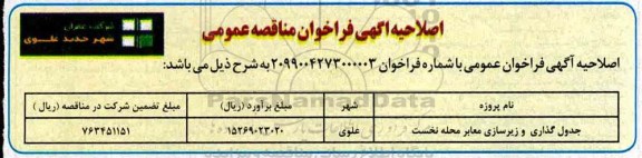 اصلاحیه مناقصه  جدول گذاری و زیرسازی معابر محله نخست  