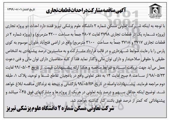 مناقصه مشارکت در احداث قطعات تجاری