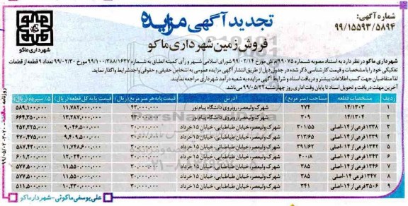 آگهی مزایده ،مزایده تجدید فروش 9 قطعه از قطعات تفکیکی 