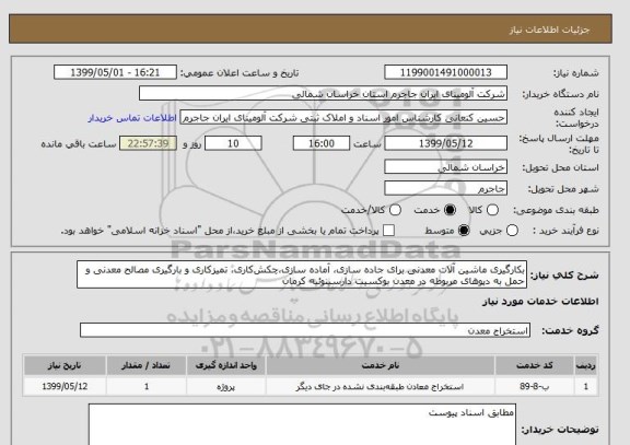 استعلام بکارگیری ماشین آلات معدنی برای جاده سازی، آماده سازی،چکش کاری، تمیزکاری و بارگیری مصالح معدنی و حمل به دپوهای مربوطه در معدن بوکسیت دارسینوئیه کرمان