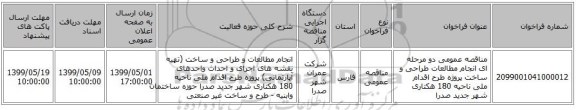 مناقصه عمومی دو مرحله ای انجام مطالعات طراحی و ساخت پروژه طرح اقدام ملی ناحیه 180 هکتاری شهر جدید صدرا