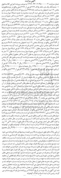آگهی مزایده مزایده ششدانگ یکباب خانه پلاک 279 فرعی