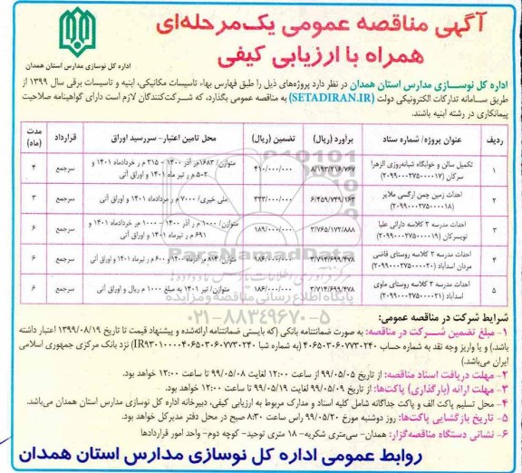 آگهی مناقصه عمومی , مناقصه تکمیل سالن و خوابگاه شبانه روزی 