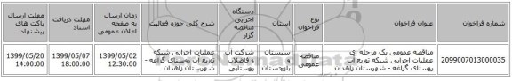 مناقصه عمومی یک مرحله ای عملیات اجرایی شبکه توزیع آب روستای گراغه - شهرستان زاهدان 
