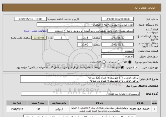 استعلام پروفیل قوطی 4*6 متوسط به تعداد 120 شاخه
پروفیل قوطی 9*9 متوسط به تعداد 10 شاخه