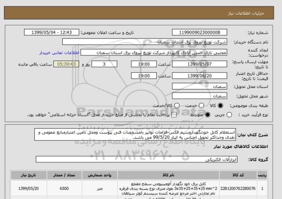 استعلام استعلام کابل خودنگهداروسیم فکس-الزامات توانیر بامشخصات فنی پیوست ومحل تامین اعتبارمنابع عمومی و  نقدی وحداکثر تحویل اجناس به انبار 99/5/20 می باشد.