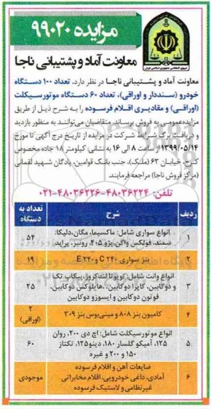 مزایده تعداد 100 دستگاه خودرو سنددار و اوراقی تعداد 60 دستگاه موتورسیکلت اوراقی