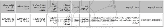 مناقصه عمومی یک مرحله ای تکمیل ساخت طبقات زیر زمین ،‌همکف و اول ساختمان شماره 3 بیمارستان فیروزگر