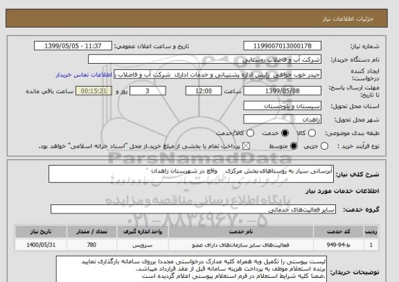 استعلام آبرسانی سیار به روستاهای بخش مرکزی    واقع در شهرستان زاهدان  