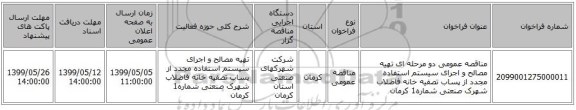 مناقصه عمومی دو مرحله ای تهیه مصالح و اجرای سیستم استفاده مجدد از پساب تصفیه خانه فاضلاب شهرک صنعتی شماره1 کرمان