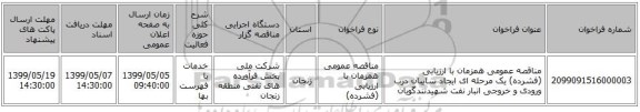 مناقصه عمومی همزمان با ارزیابی (فشرده) یک مرحله ای ایجاد سایبان درب ورودی و خروجی انبار نفت شهیدتندگویان