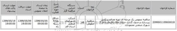 مناقصه عمومی یک مرحله ای تهیه مصالح و تکمیل زیرسازی و جدول گذاری خیابان های باقیمانده فاز 3 شهرک صنعتی محمودآباد