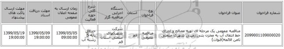 مناقصه عمومی یک مرحله ای تهیه مصالح و اجرای خط انتقال آب به مخزن بتنی زمینی شهرک صنعتی ثامن الائمه(قنوات)