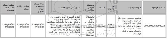 مناقصه عمومی دو مرحله ای خرید ، نصب و راه اندازی دستگاهها و تجهیزات پزشکی مورد نیاز دانشکده بهداشت دانشگاه علوم پزشکی کردستان  