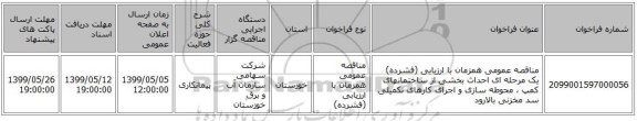 مناقصه عمومی همزمان با ارزیابی (فشرده) یک مرحله ای احداث بخشی از ساختمانهای کمپ ، محوطه سازی و اجرای کارهای تکمیلی سد مخزنی بالارود