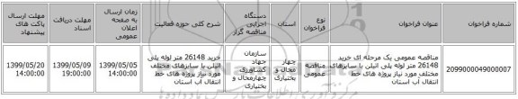 مناقصه عمومی یک مرحله ای خرید 26148 متر لوله پلی اتیلن با سایزهای مختلف مورد نیاز پروژه های خط انتقال آب استان