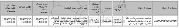 مناقصه عمومی یک مرحله ای پروژه روکش آسفالت معابر سطح شهر سقز