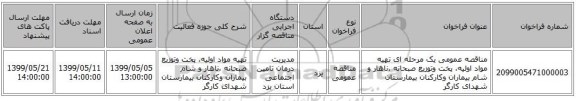 مناقصه عمومی یک مرحله ای تهیه مواد اولیه، پخت وتوزیع صبحانه ،ناهار و شام بیماران وکارکنان بیمارستان شهدای کارگر