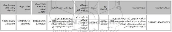 مناقصه عمومی یک مرحله ای تهیه مصالح و اجرا و احداث مخزن بتنی300 متر مکعبی روستای خویگان شهرستان فریدونشهر