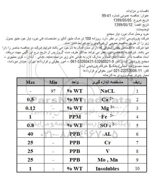 مناقصه خرید وحمل نمک مورد نیاز مجتمع 