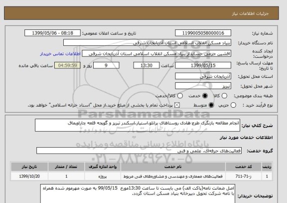 استعلام انجام مطالعه بازنگری طرح هادی روستاهای برانلو،استیار،اسکندر تبریز و گویجه قلعه چاراویماق